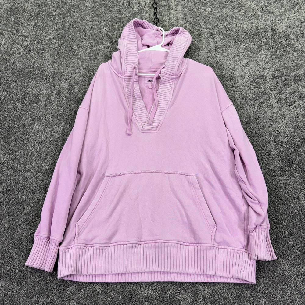 Aerie Hoodie Womens Medium Pink Pullover V Neck Kangaroo Pocket Casual City - Picture 1 of 13